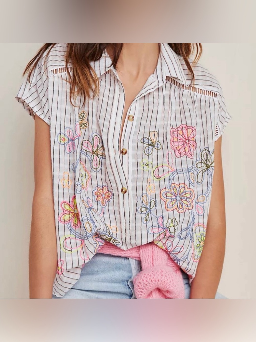 Anthropologie Embroidered Striped Button-Front Women's Top